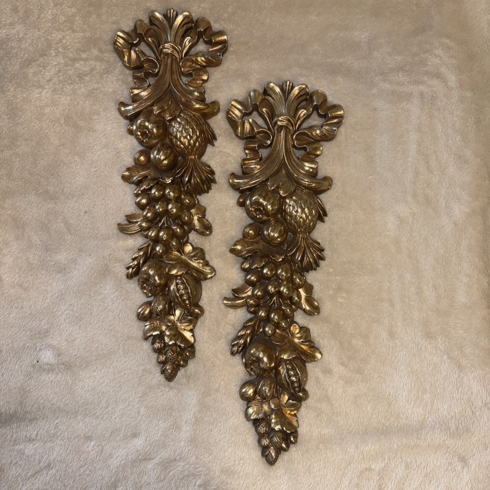 2X Syroco Gold Gilt Wood Fruit & Bow Wall Panels Hanging Decor Hollywood Regency
